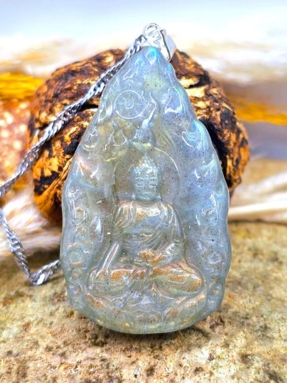 Natural Labradorite Tibetan Buddha Pendant Necklace • Strong Flash • Protective